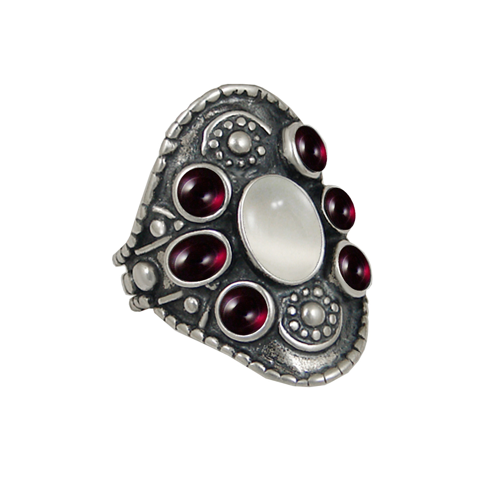 Sterling Silver High Queen's Ring With White Moonstone And Garnet Size 7